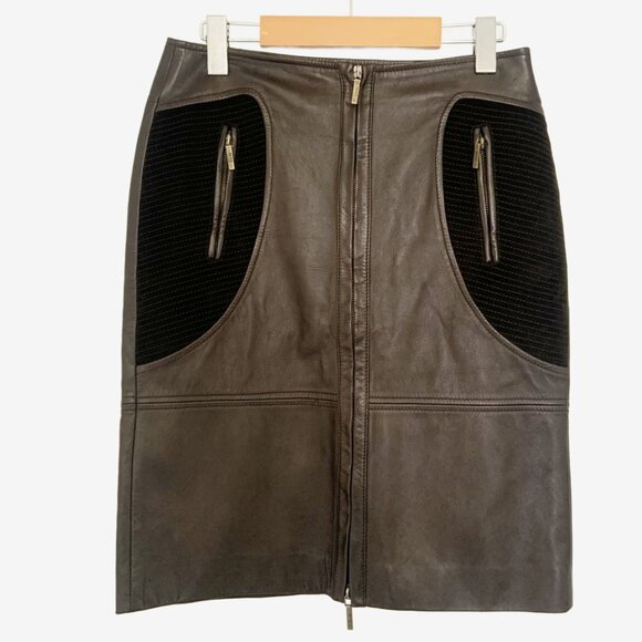 BOSS by HUGO BOSS Brown Leather and Suede Midi Skirt / size Small-Medium - Picture 2 of 11